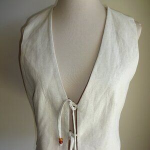NWT New Womens Beige Tan Zara Linen Vest L with Ties Beads